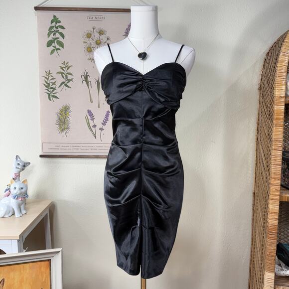 Jackie Won Dresses & Skirts - Vintage 90s Y2k Black Satin Ruched Bodycon Mini Dress Party Sexy Trashy Bimbo S